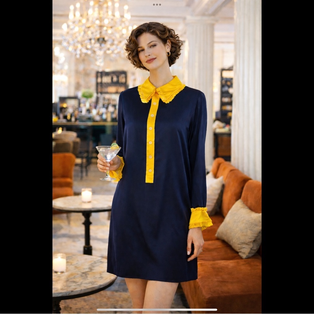 NWT Bill Blass 100% Silk Navy Shift Dress w/ Yellow Ruffle Collar – Size S - Picture 2 of 16